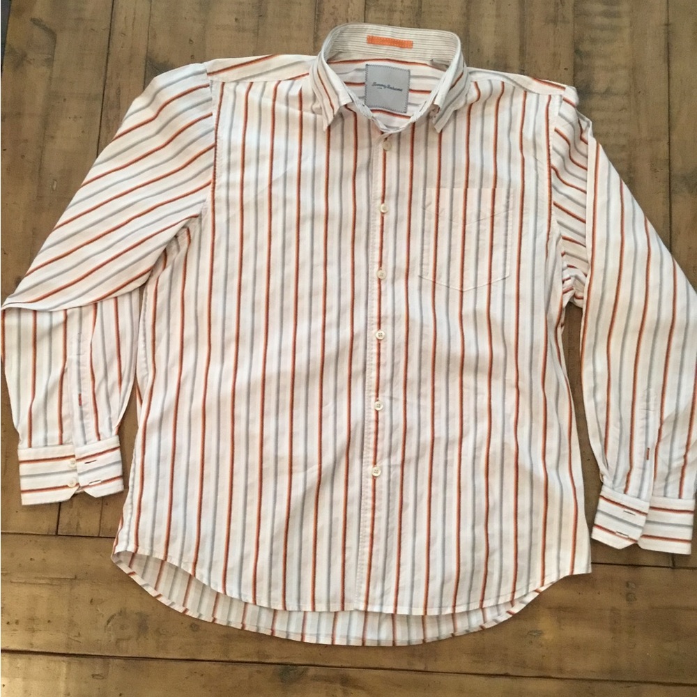 Tommy Bahama White Dress Shirt with Orange and Red Stripes